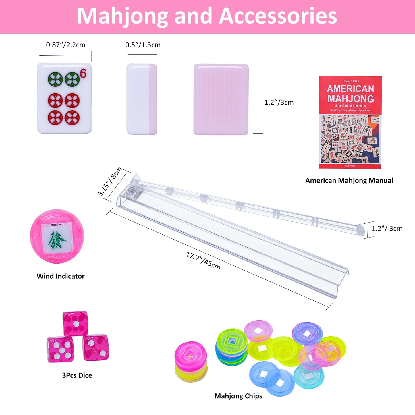 GUSTARIA American Mahjong Game Set – 166 Pink Tiles, Pink Bag & Accessories, 4 Clear Racks & Pushers