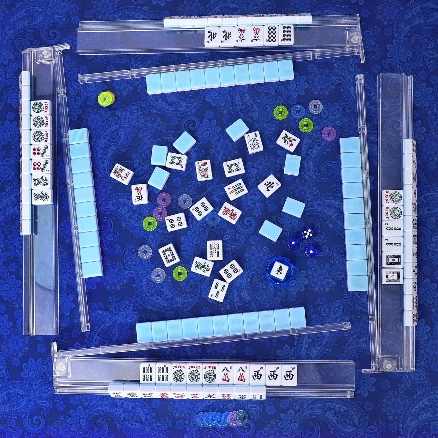 GUSTARIA American Mahjong Game Set – 166 Blue Tiles, 4 Clear Racks & Accessories