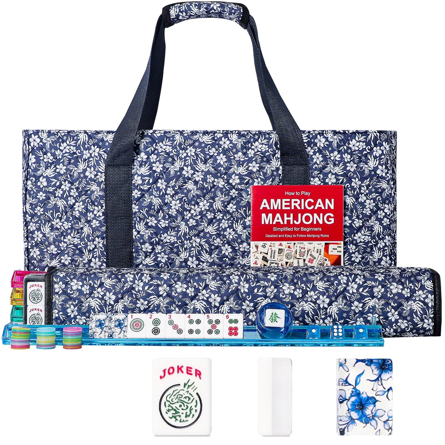 GUSTARIA American Mahjong Set - 166 Premium Acrylic Tiles, Floral Blue Bag, 4 Pushers & Racks
