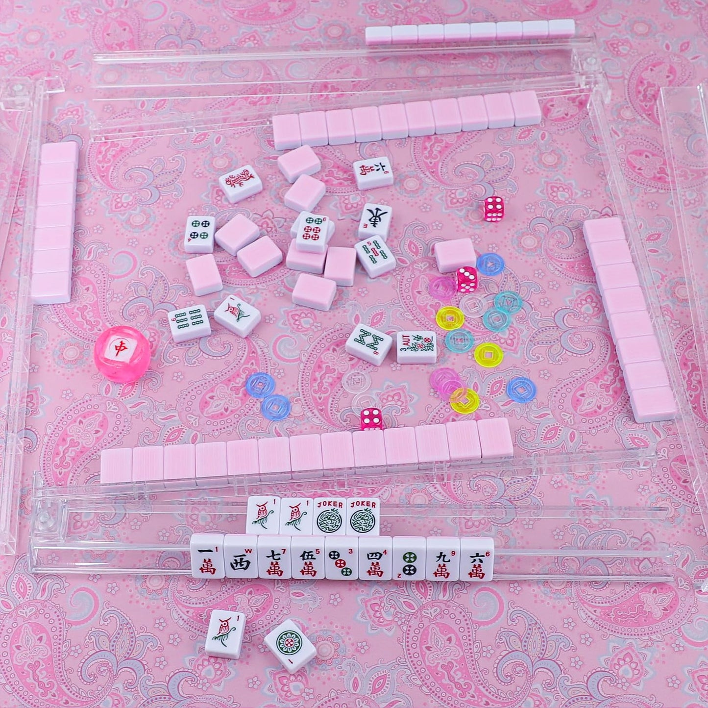 GUSTARIA American Mahjong Game Set – 166 Pink Tiles, Pink Bag & Accessories, 4 Clear Racks & Pushers