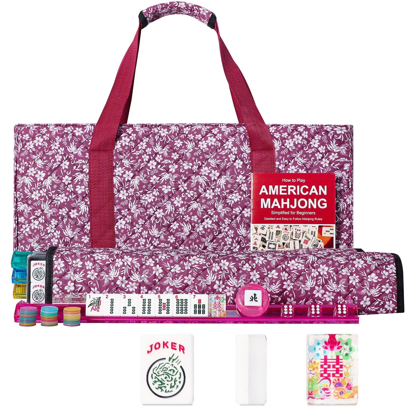 GUSTARIA American Mahjong Tile Set – 166 Acrylic Tiles, 4 All-in-One Racks/Pushers, Red Carrying Bag