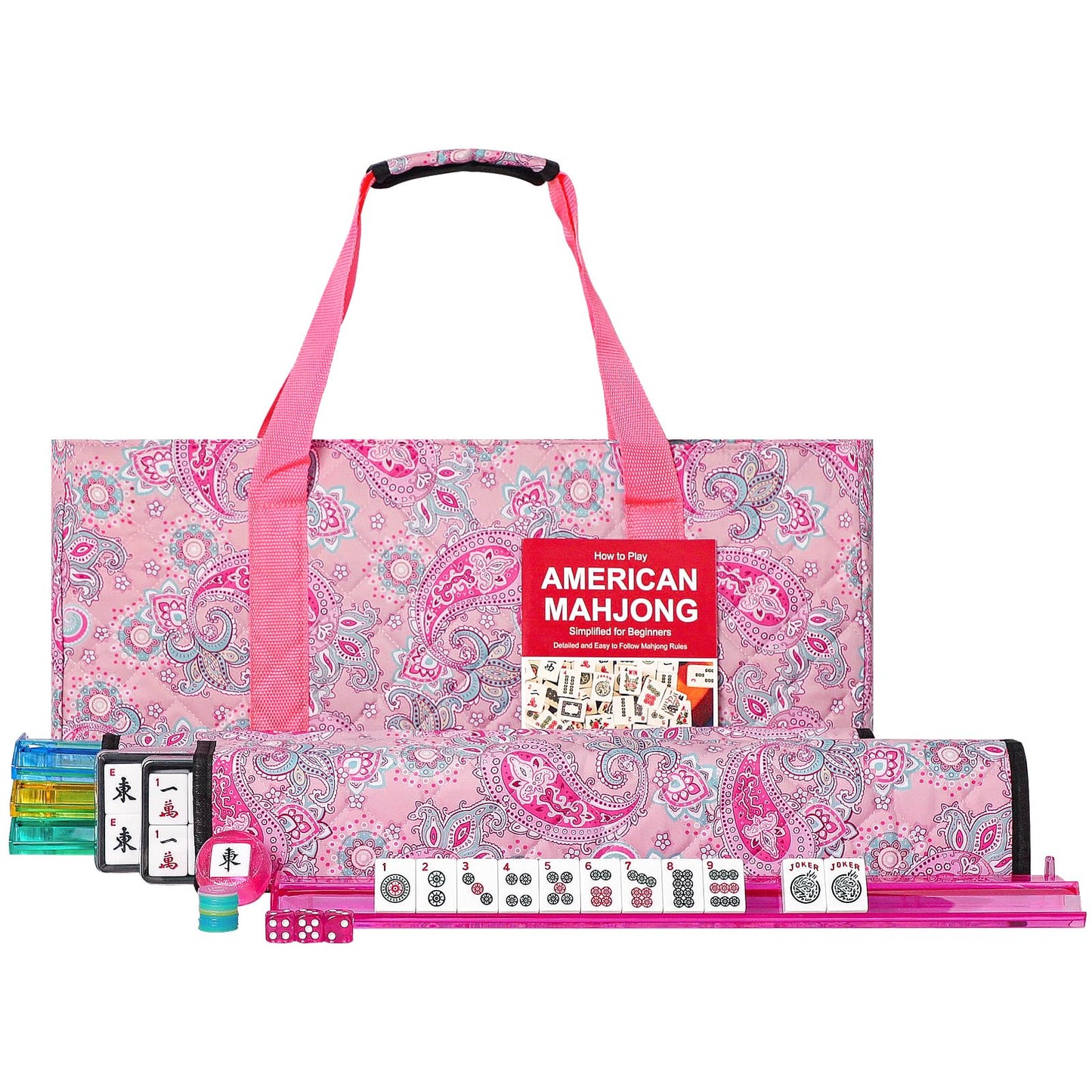 GUSTARIA American Mahjong Game Set – 166 White Tiles, 4 Color Racks/Pushers, Pink Carrying Bag