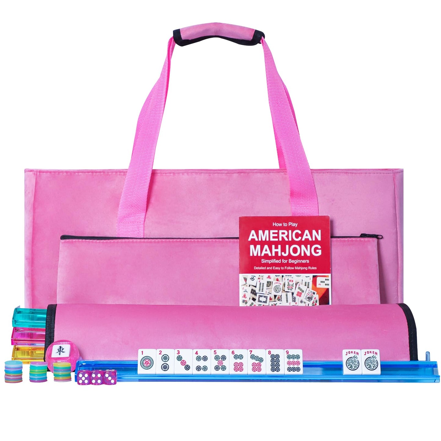 GUSTARIA American Mahjong Game Set — 166 Tiles, 4 Color Racks/Pushers, Pink Carrying Bag