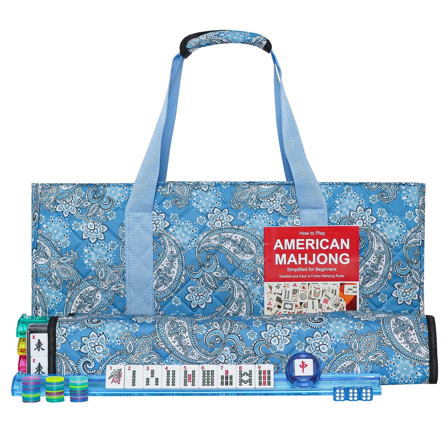 GUSTARIA American Mahjong Game Set — 166 Tiles, 4 Color Racks/Pushers, Light Blue Carrying Case