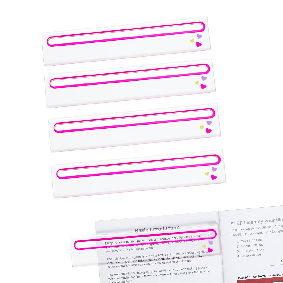GUSTARIA 4-Piece Mahjong Card Reader Set in Pink | Acrylic Card Line Finder & Rules Helper