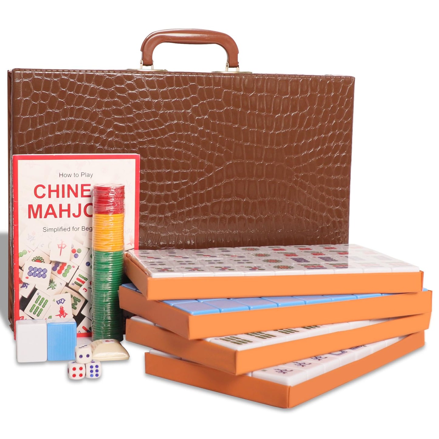 GUSTARIA Chinese Mahjong Set – 146 Tiles Large 1.5", Blue Back, Brown Carrying Case