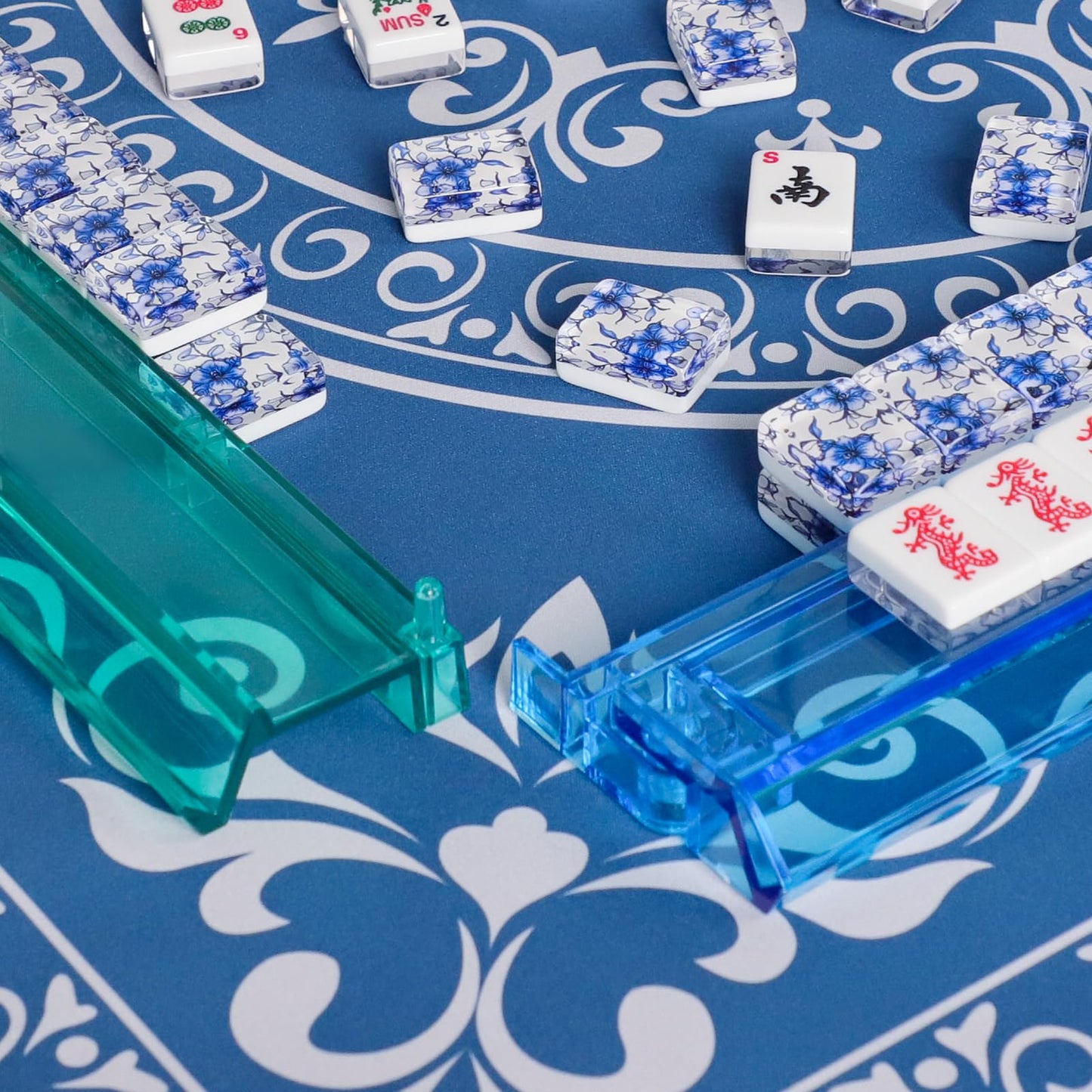 GUSTARIA American Mahjong Set - 166 Premium Acrylic Tiles, Floral Blue Bag, 4 Pushers & Racks