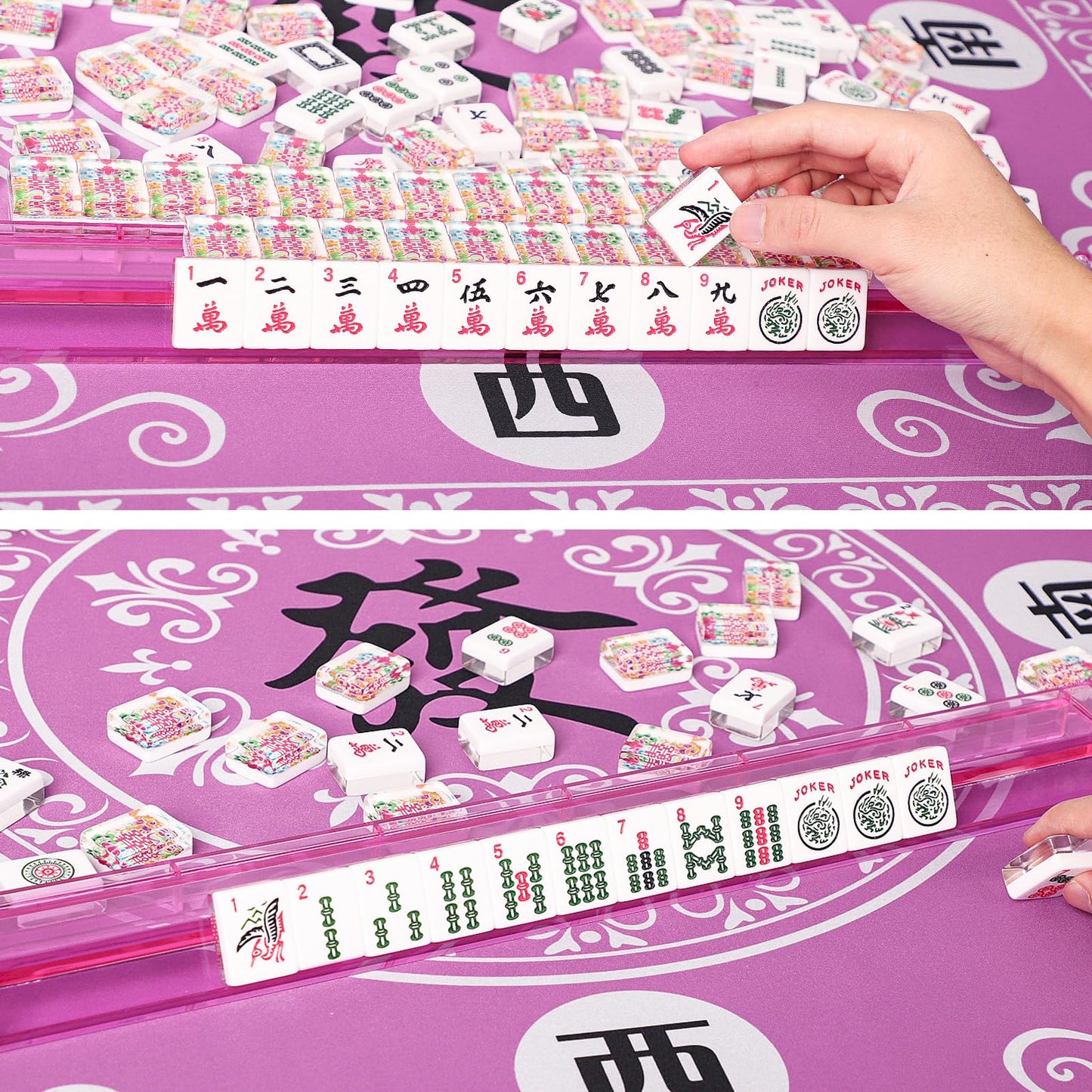 GUSTARIA American Mahjong Tile Set – 166 Acrylic Tiles, 4 All-in-One Racks/Pushers, Red Carrying Bag
