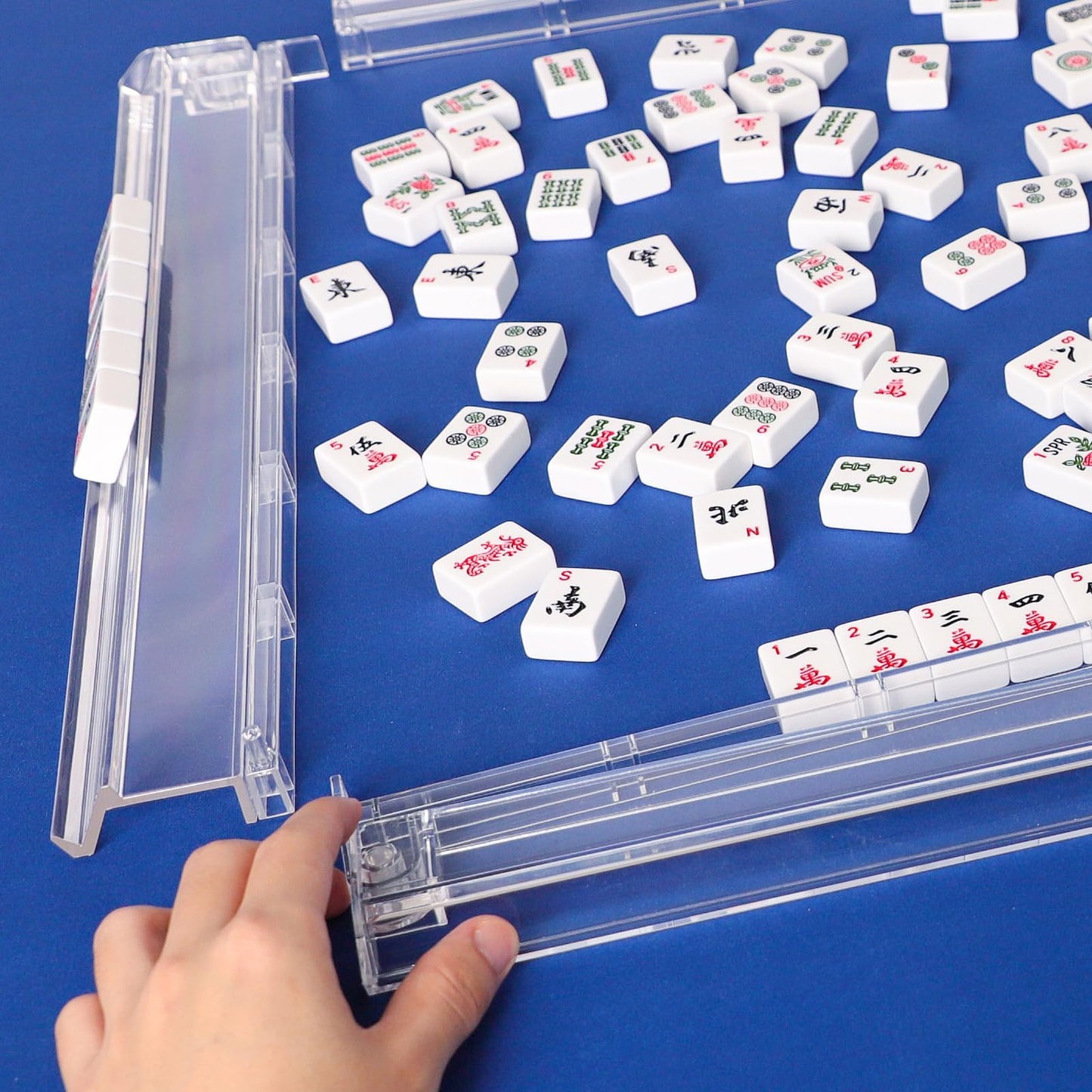 GUSTARIA Mahjong All-in-One Tile Rack & Pusher – Clear Acrylic, White, Set of 4