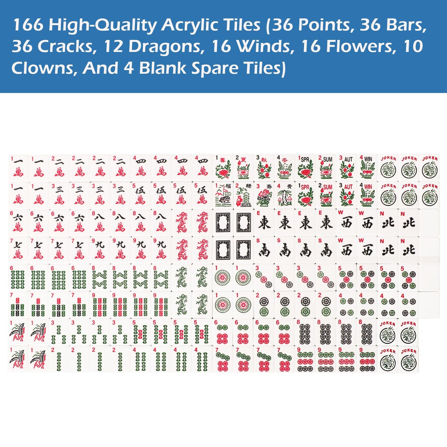 GUSTARIA American Mahjong Set - 166 Premium Acrylic Tiles, Floral Blue Bag, 4 Pushers & Racks