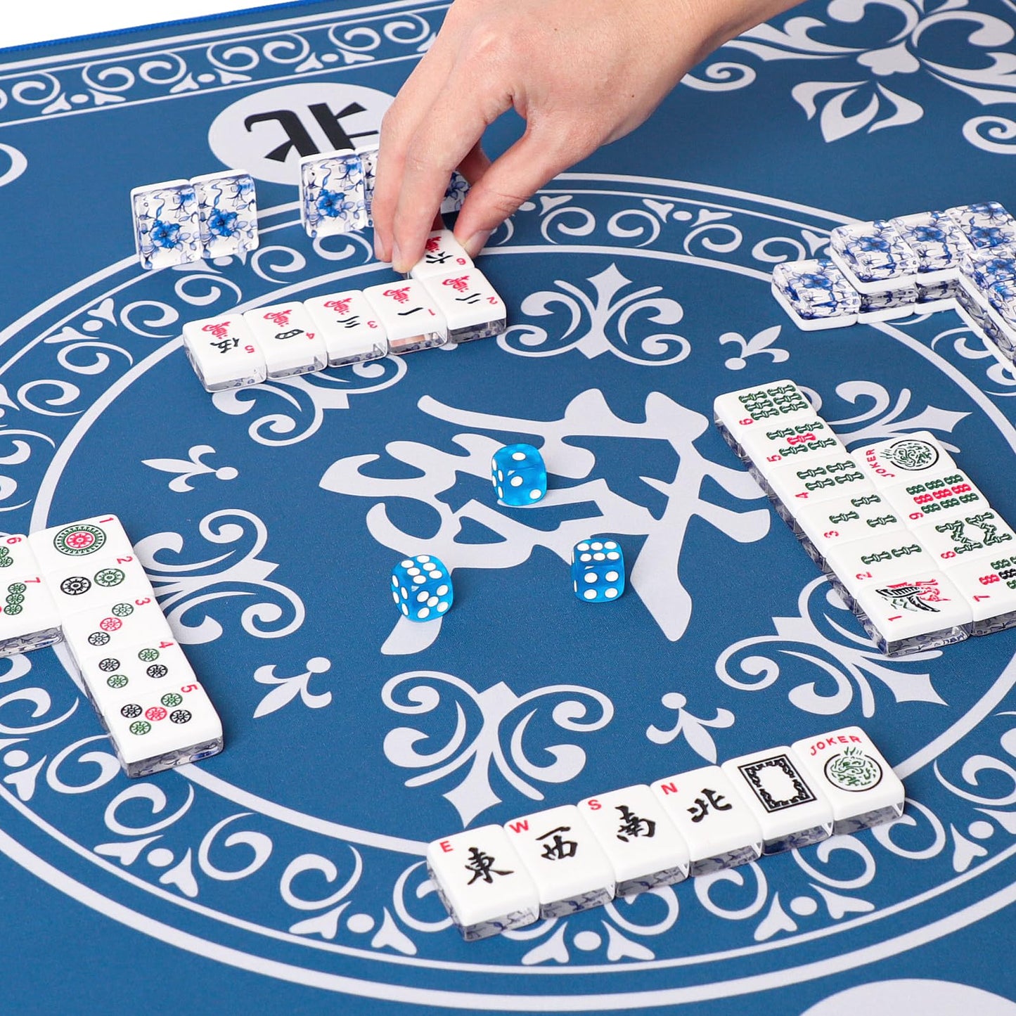 GUSTARIA American Mahjong Set - 166 Premium Acrylic Tiles, Floral Blue Bag, 4 Pushers & Racks