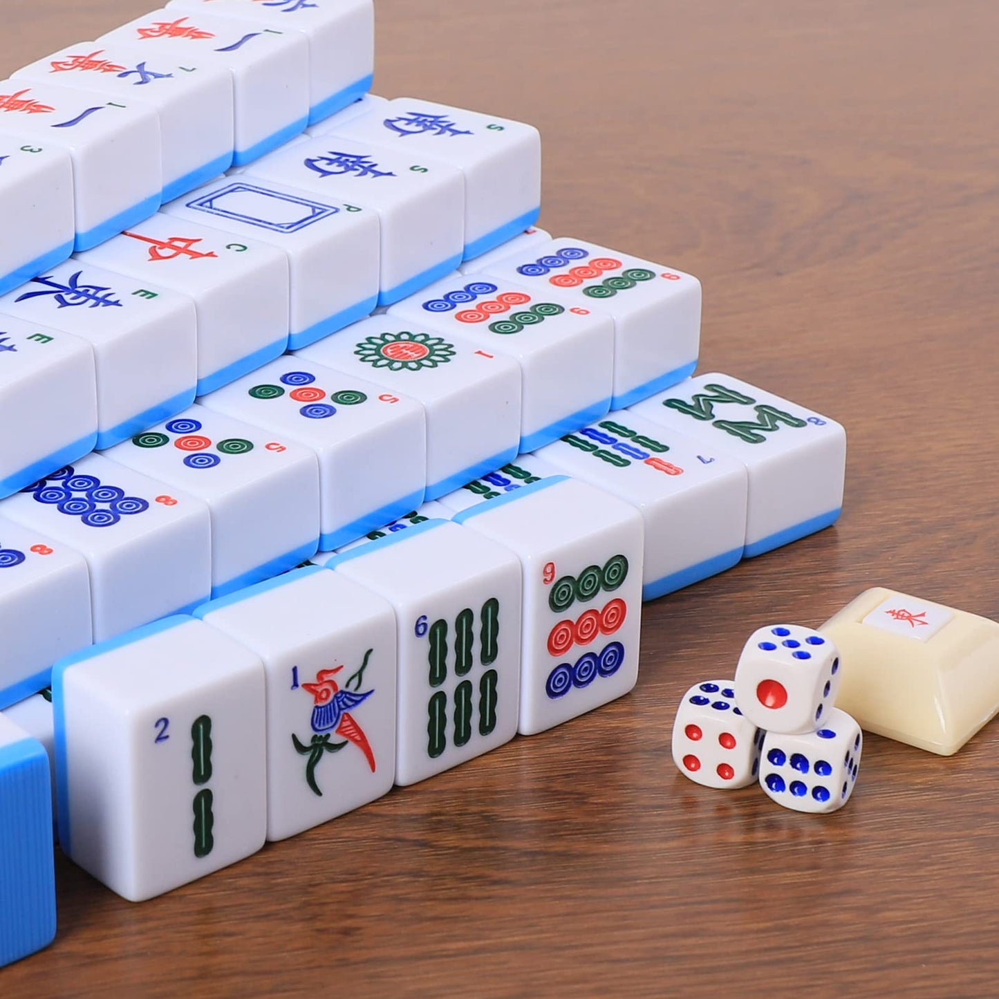 GUSTARIA Chinese Mahjong Set – 146 Tiles Large 1.5", Blue Back, Brown Carrying Case