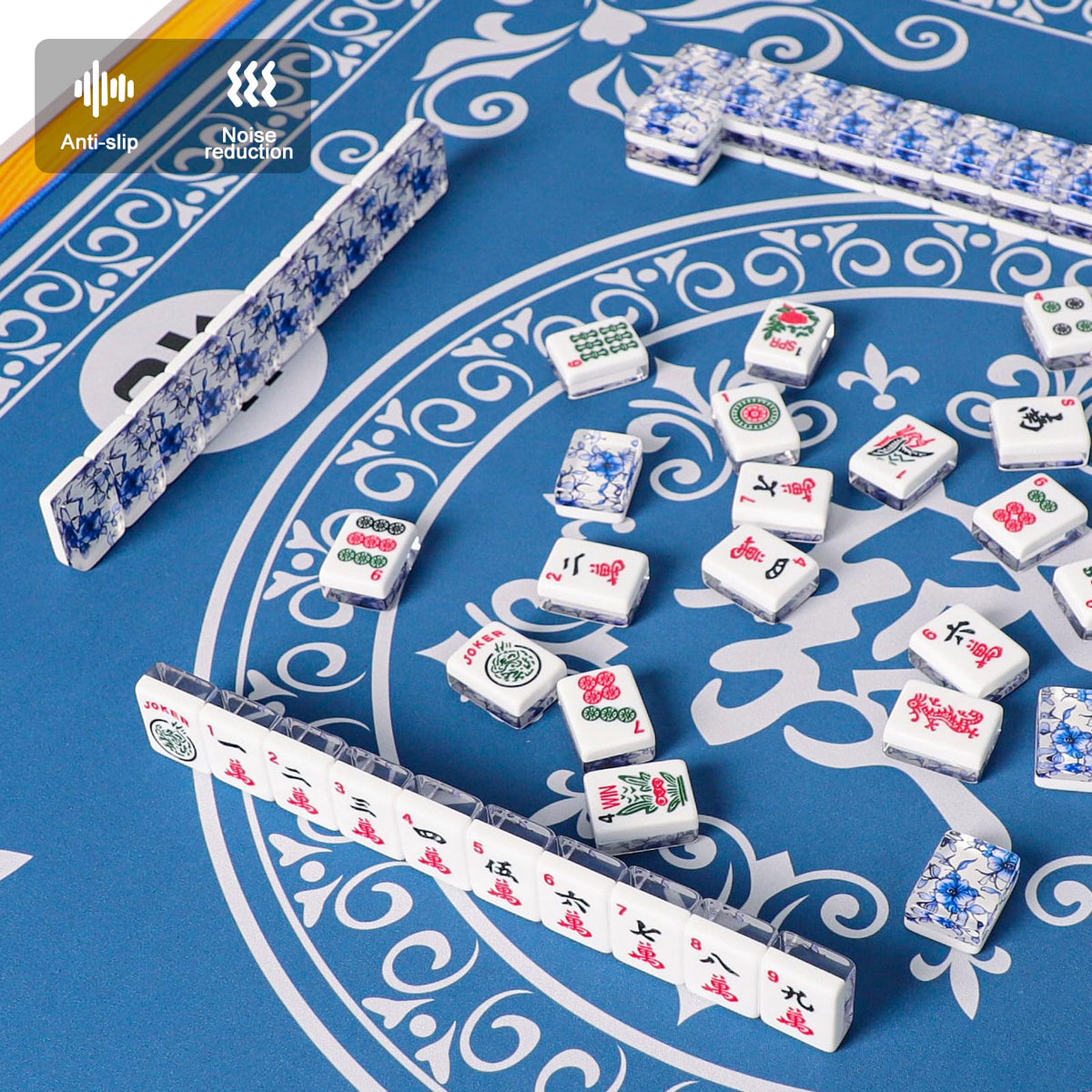GUSTARIA Mahjong Mat – 31.5x31.5 in Blue Anti-Slip Table Mat with 3 Dice & Carry Bag