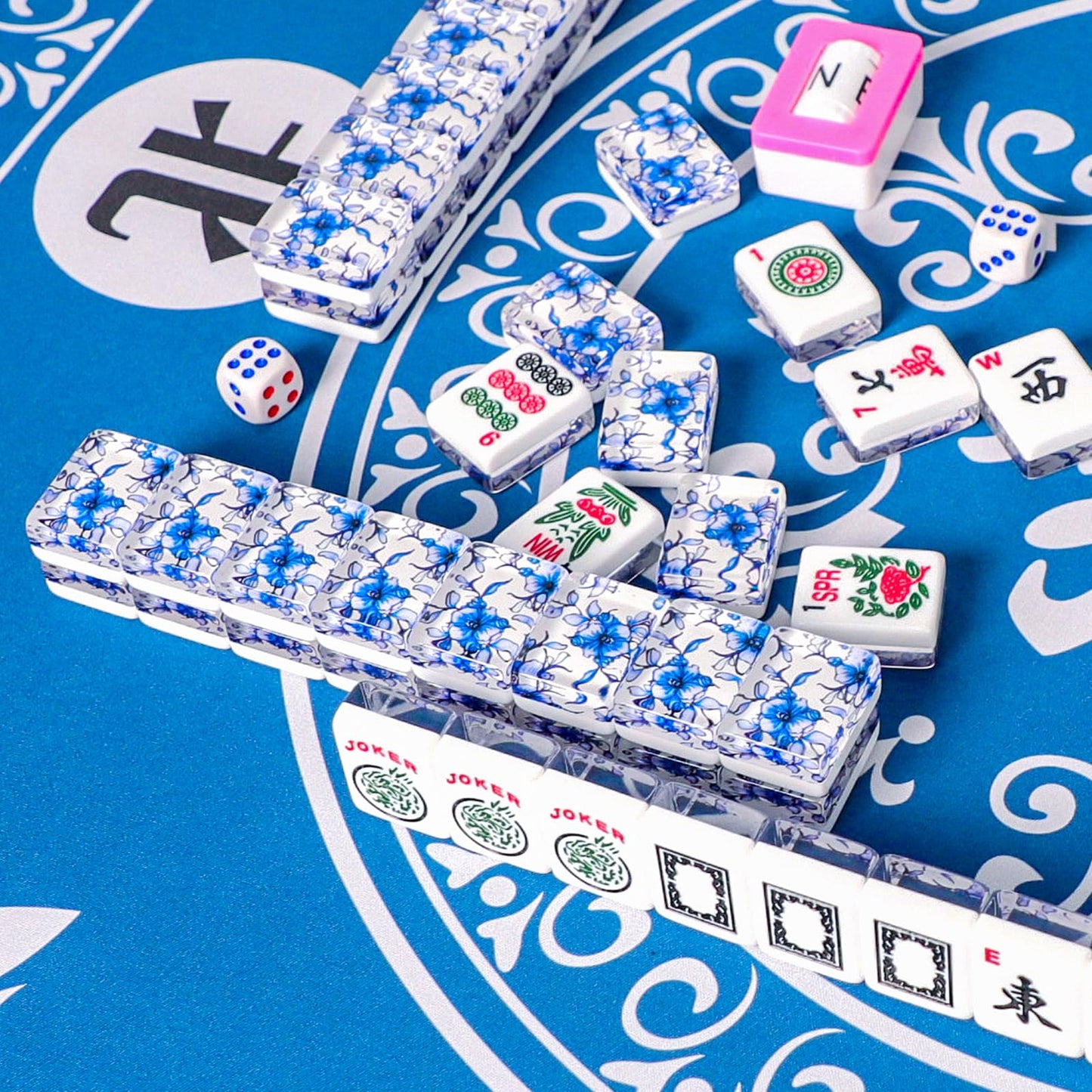 GUSTARIA Mahjong Mat – 31.5x31.5 in Blue Anti-Slip Table Mat with 3 Dice & Carry Bag