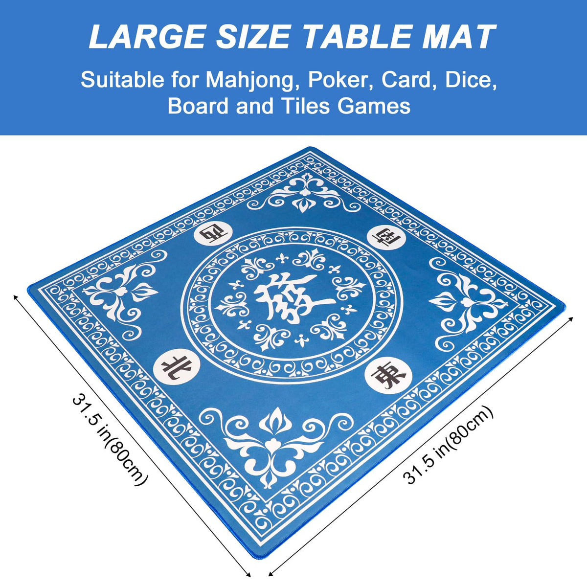 GUSTARIA Mahjong Mat – 31.5x31.5 in Blue Anti-Slip Table Mat with 3 Dice & Carry Bag