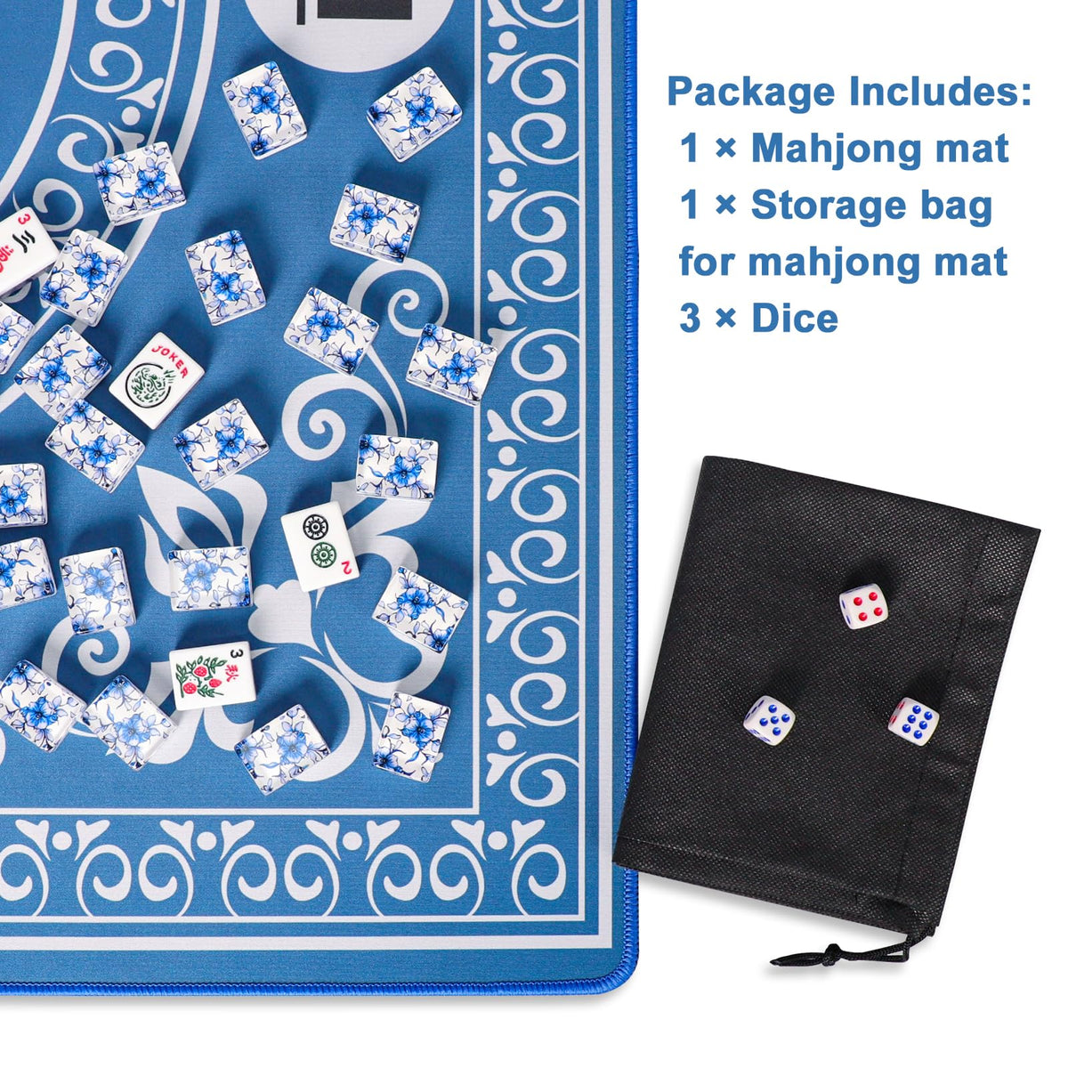GUSTARIA Mahjong Mat – 31.5x31.5 in Blue Anti-Slip Table Mat with 3 Dice & Carry Bag