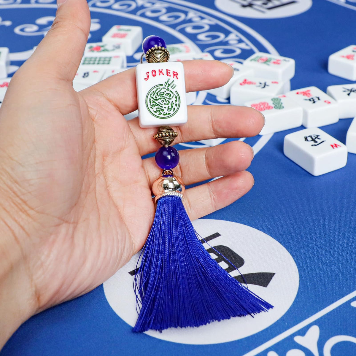 GUSTARIA Mahjong Bag Accessory – Blue, 8.27 in × JOKER Tile Design
