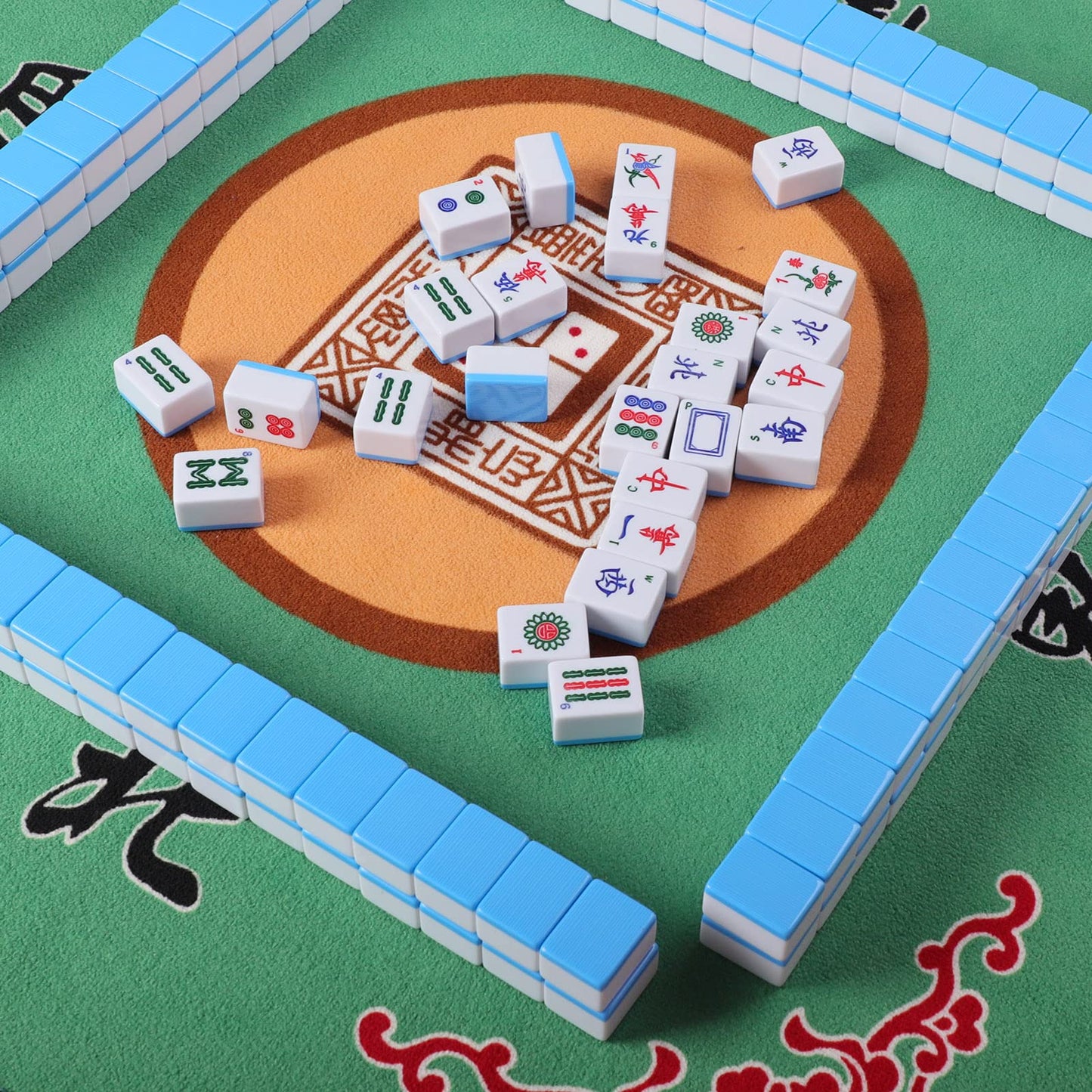 GUSTARIA Chinese Mahjong Set – 146 Tiles Large 1.5", Blue Back, Brown Carrying Case