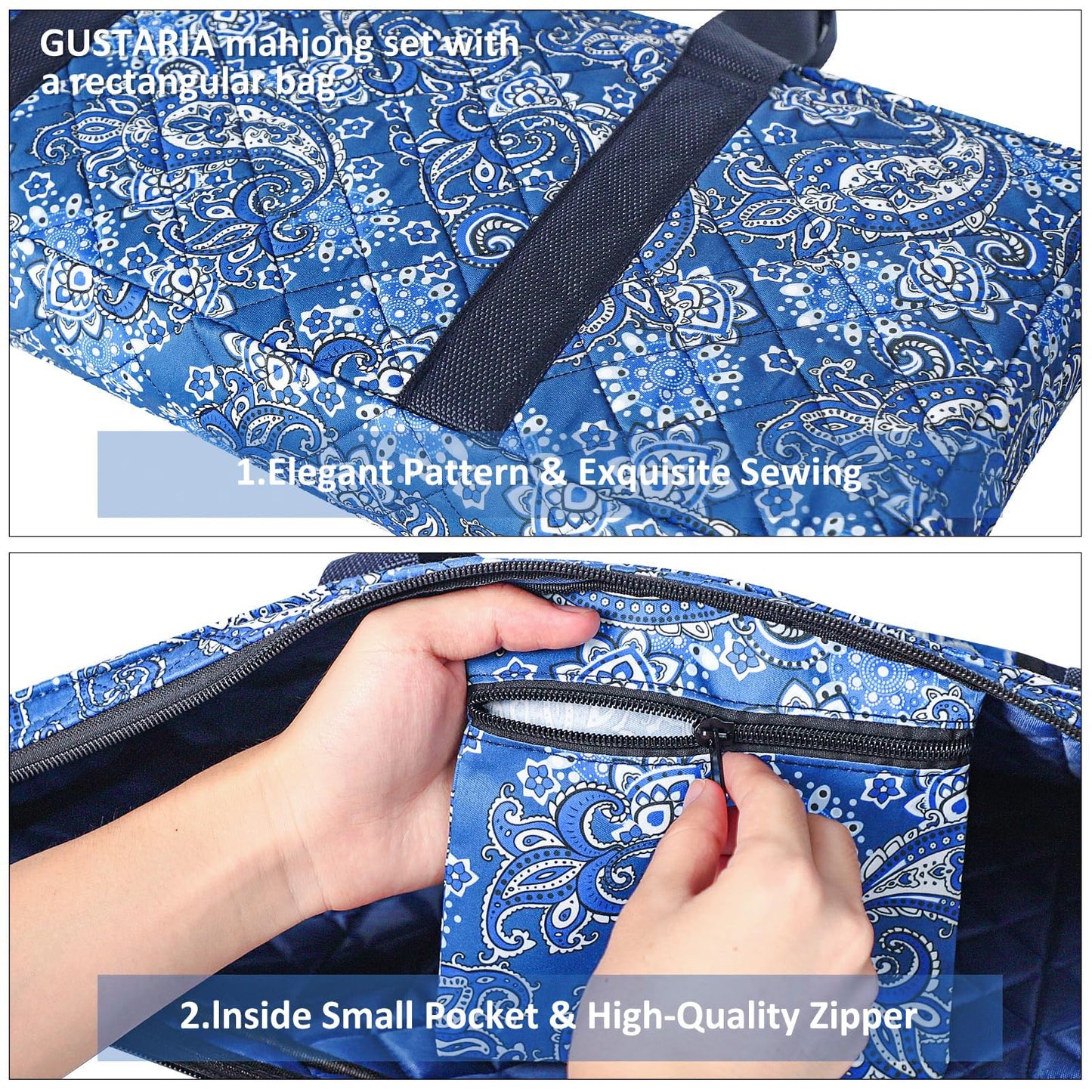 GUSTARIA Empty Mahjong Bag for American Mahjong Set with Racks & Pushers – Blue Print Case (Case Only)