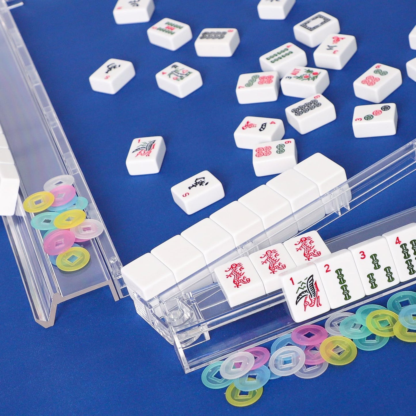 GUSTARIA Mahjong All-in-One Tile Rack & Pusher – Clear Acrylic, White, Set of 4