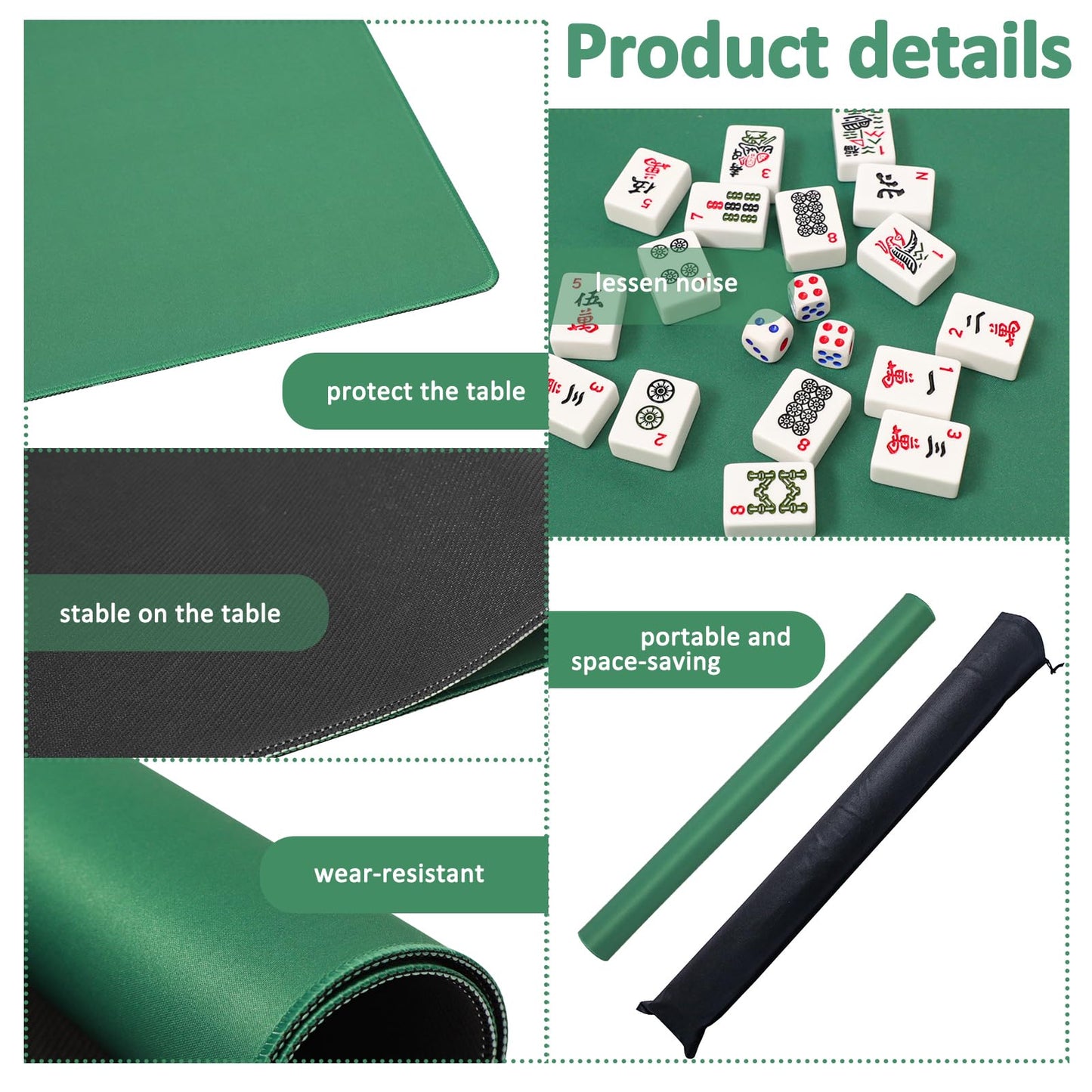 GUSTARIA Mahjong Mat with 3 Dice – Anti-Slip Noise-Reducing Table Cover, Green, 31.5 in