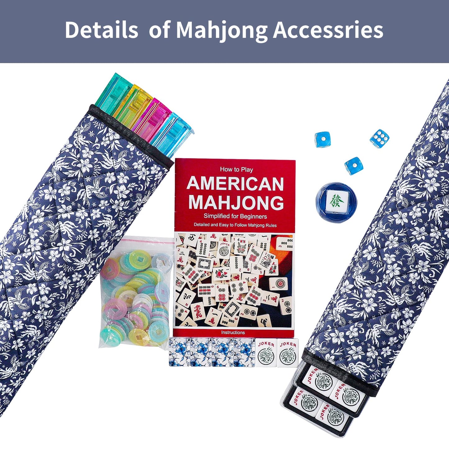 GUSTARIA American Mahjong Set - 166 Premium Acrylic Tiles, Floral Blue Bag, 4 Pushers & Racks