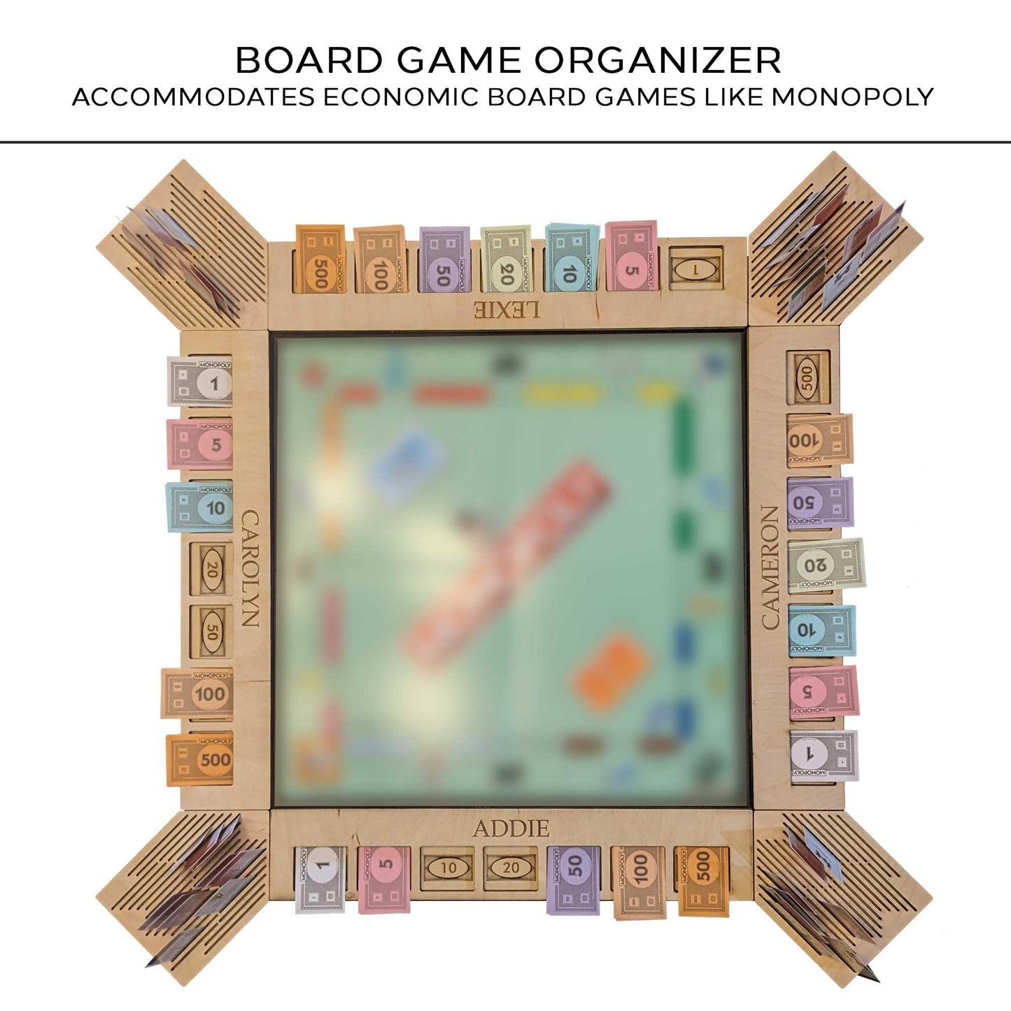GUYTRENDz Custom Board Game Frame — Personalized Organizer for Monopoly and Economic-Themed Sets | Natural Finish