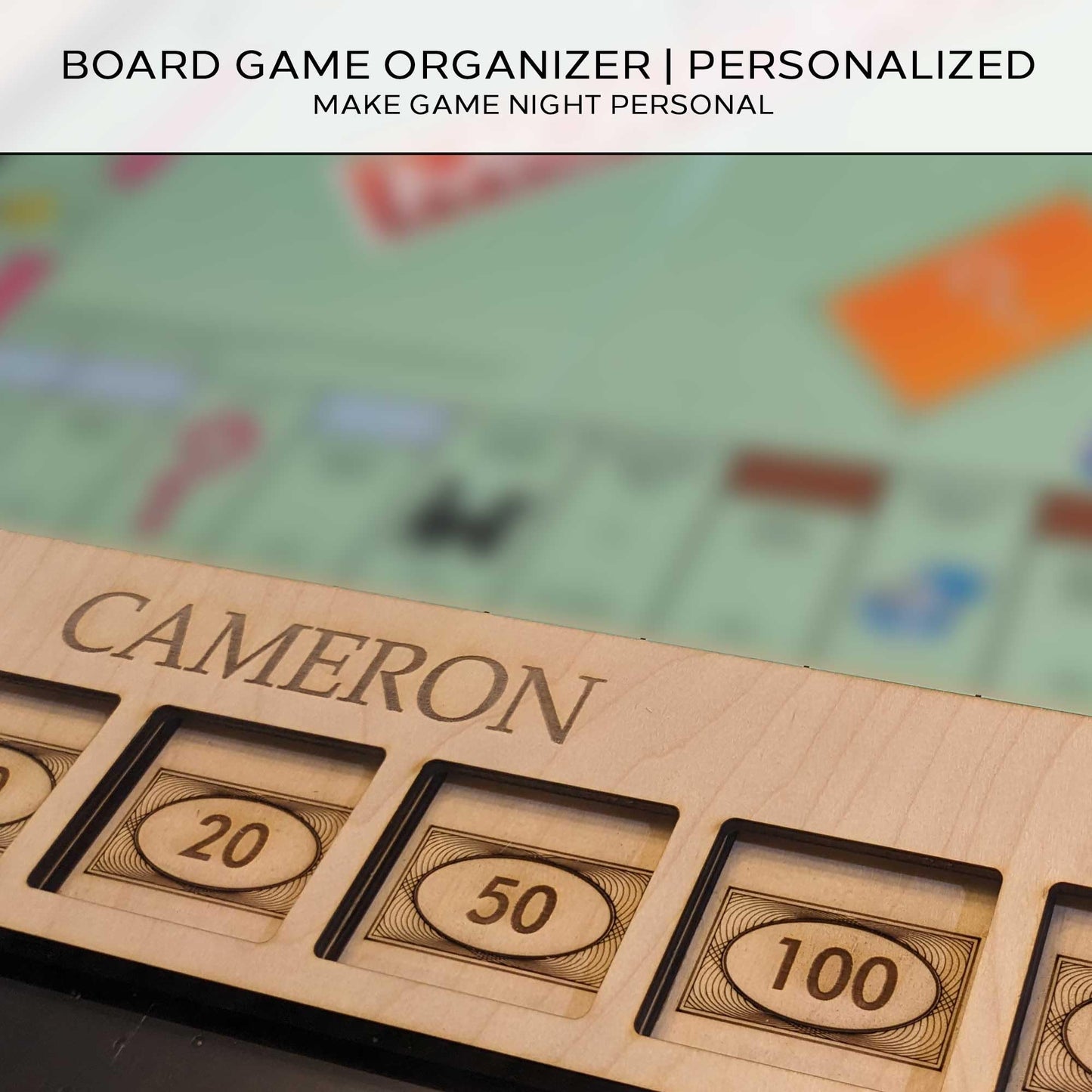 GUYTRENDz Custom Board Game Frame — Personalized Organizer for Monopoly and Economic-Themed Sets | Natural Finish