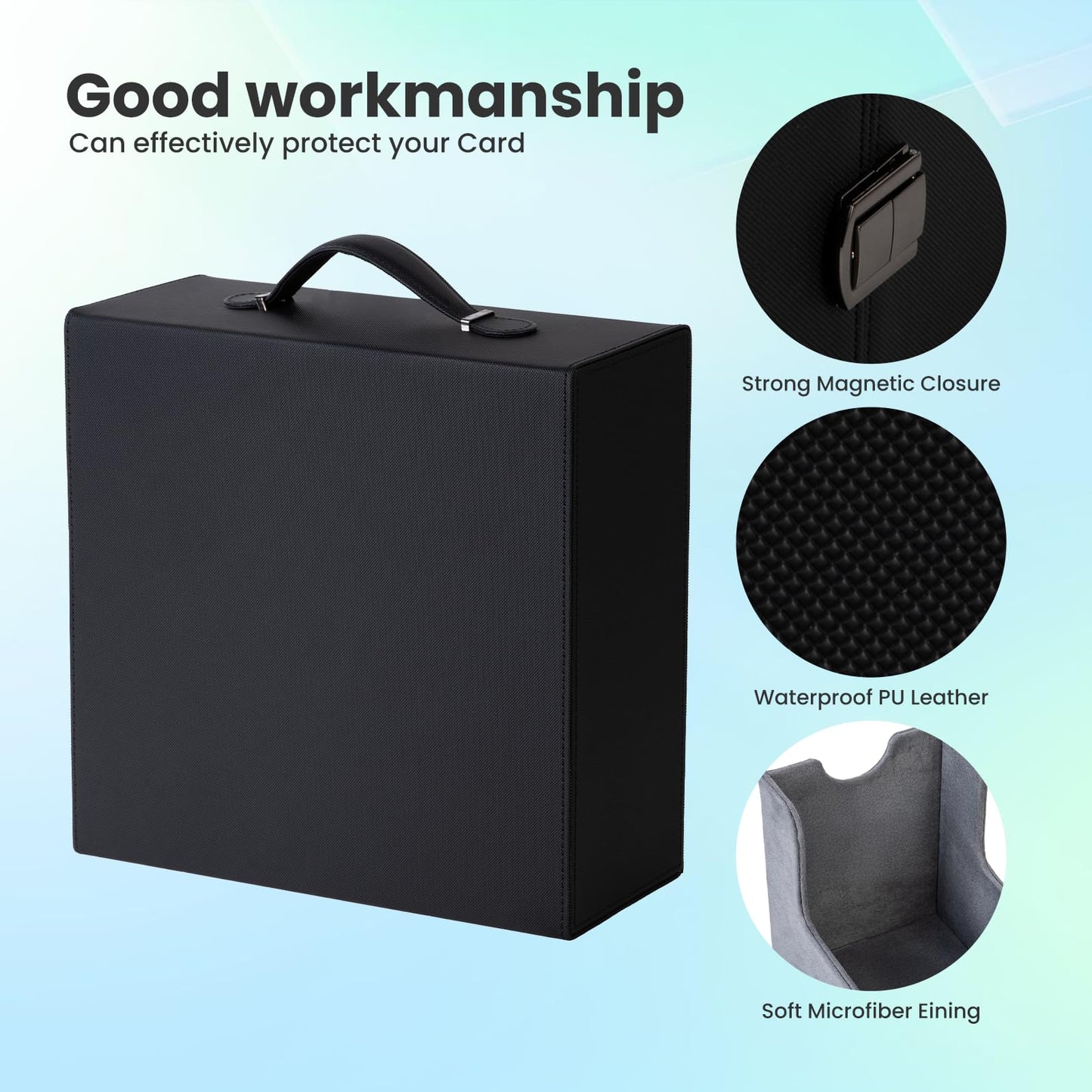 Gvirtcoz Collectible Card Case with Portable Handle – 8 Divider Tabs & 3 Card Supports, PU Leather MTG Deck Case (Black & Grey)