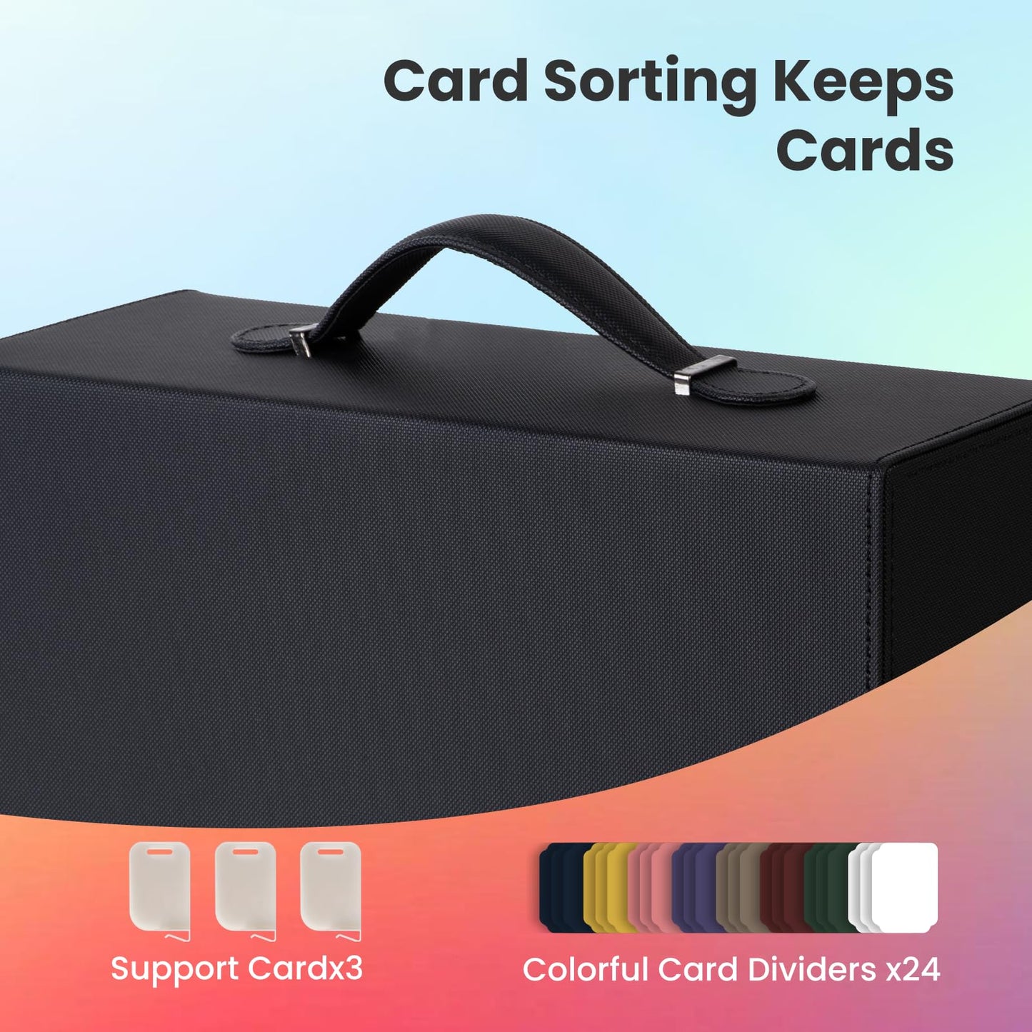 Gvirtcoz Collectible Card Case with Portable Handle – 8 Divider Tabs & 3 Card Supports, PU Leather MTG Deck Case (Black & Grey)