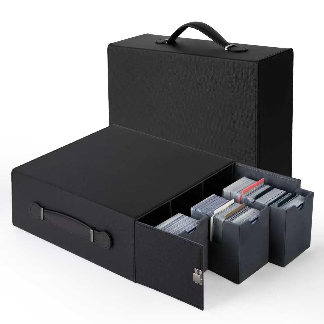 Gvirtcoz Collectible Card Case with Portable Handle – 8 Divider Tabs & 3 Card Supports, PU Leather MTG Deck Case (Black & Grey)