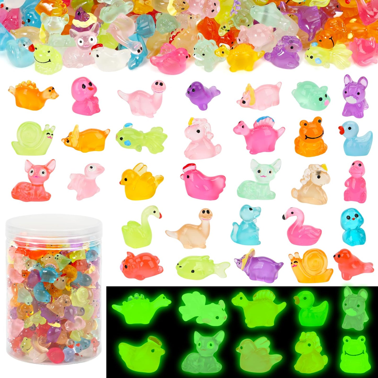 GWAHSA 240 Pack Glow-in-the-Dark Mini Resin Animals – 0.7-inch Figures for Home, Garden, Aquarium