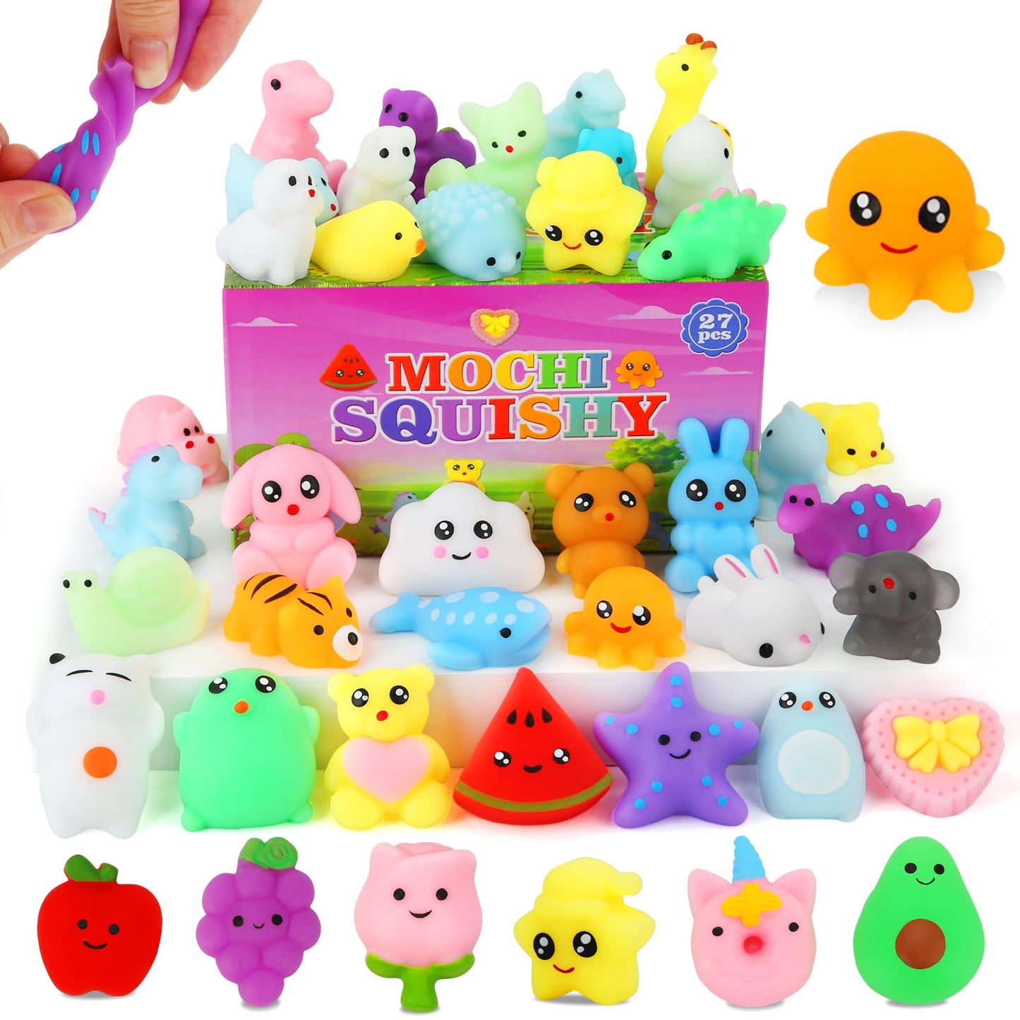 GWAHSA Mochi Squishy Toys – 27pc Mini Kawaii Squishies for Party Favors & Classroom Prizes
