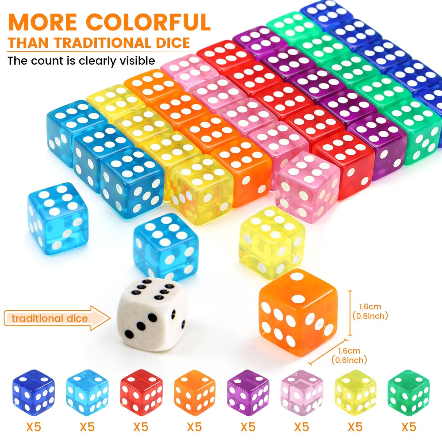 GWHOLE 40-Dice Set — 8 Translucent Colors for Games & Math