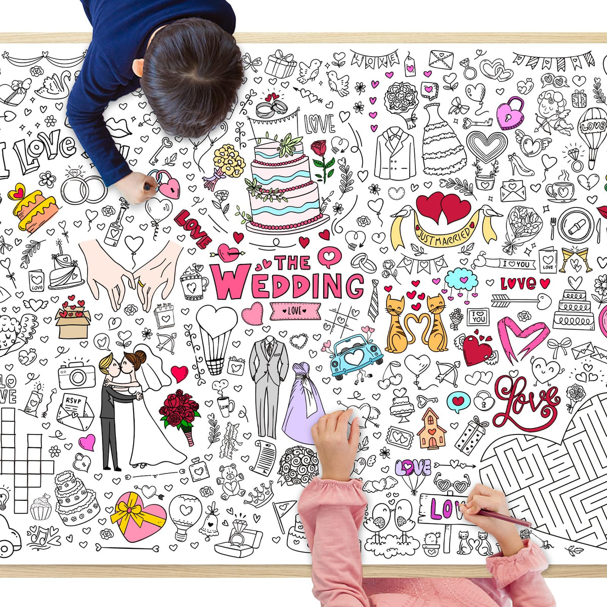 GWHOLE Giant Coloring Poster 40x28 Inch – Wedding Themed Colorable Tablecloth for Home, School, Bridal Shower
