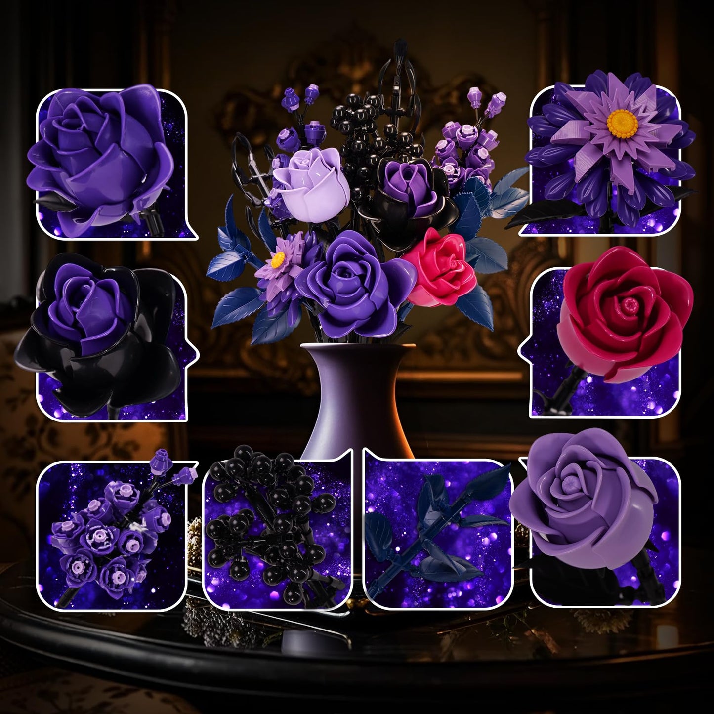 GXJTYYBS Ideas Halloween Purple Flowers Gothic Rose — 822-Piece Lego-Compatible Botanical Decor Gift