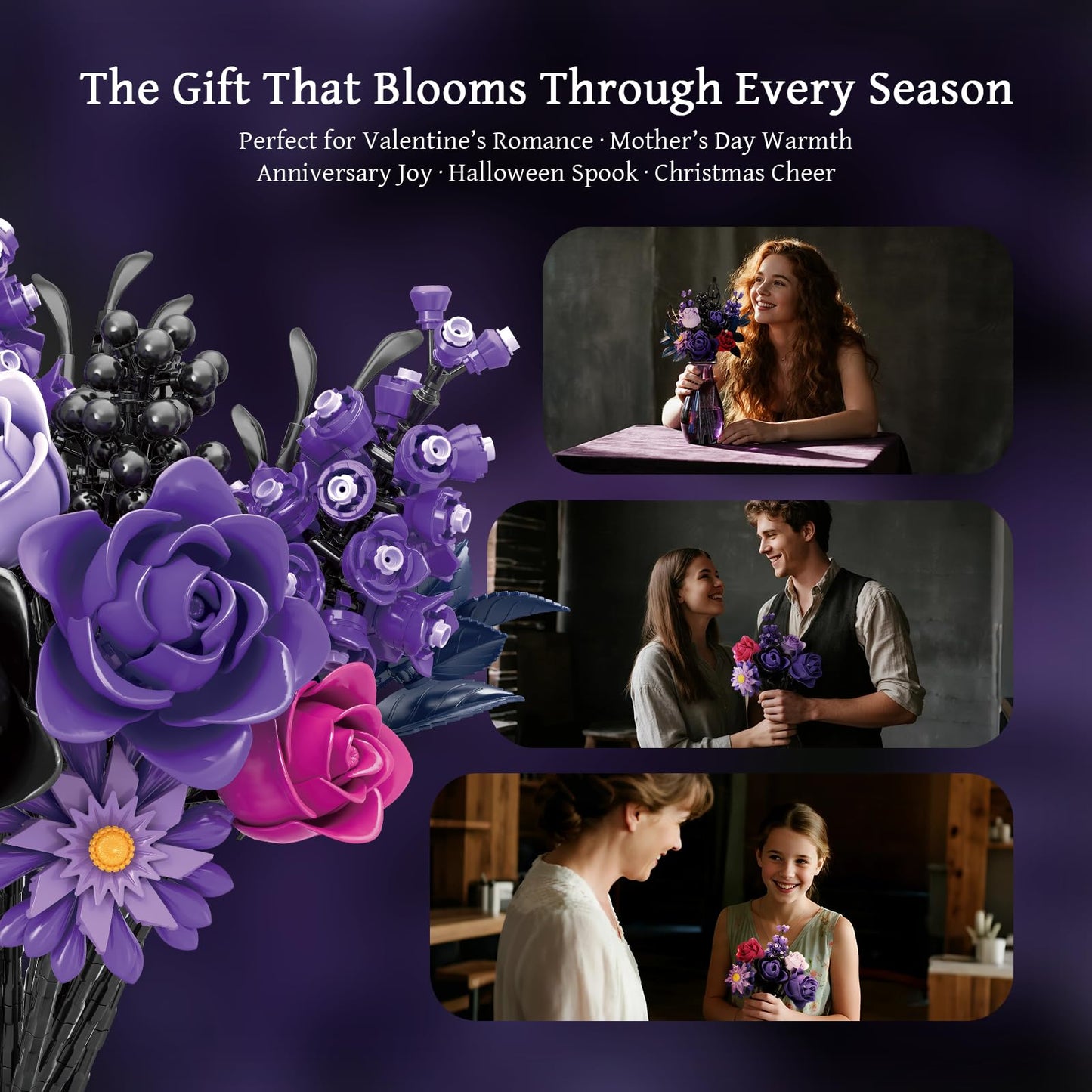 GXJTYYBS Ideas Halloween Purple Flowers Gothic Rose — 822-Piece Lego-Compatible Botanical Decor Gift