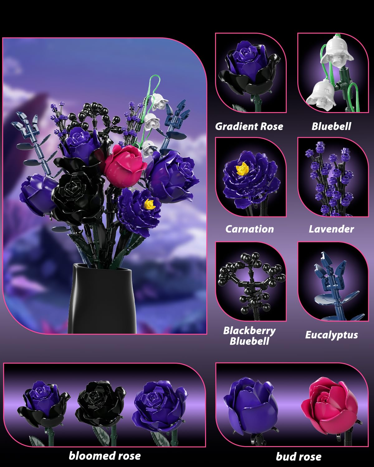 GXJTYYBS Ideas Purple Flowers Gothic Rose Bouquet — Lego-Compatible Floral Build Kit for Adults