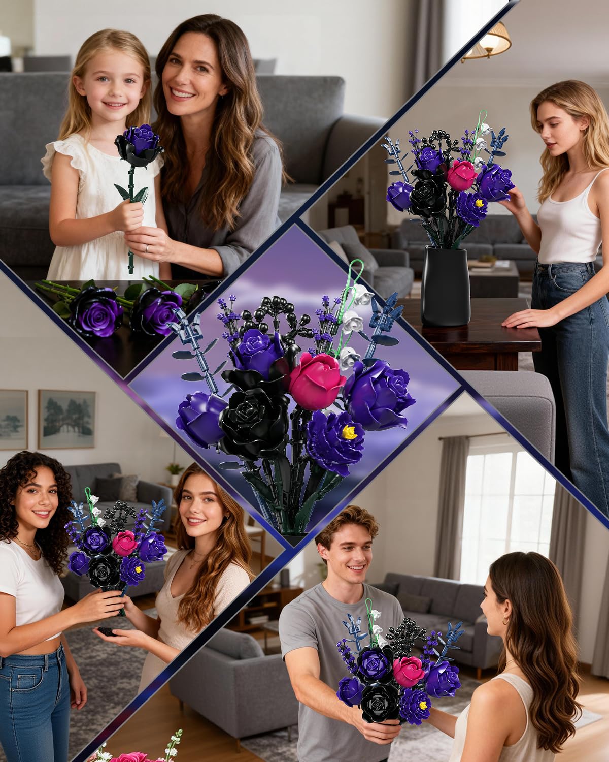 GXJTYYBS Ideas Purple Flowers Gothic Rose Bouquet — Lego-Compatible Floral Build Kit for Adults