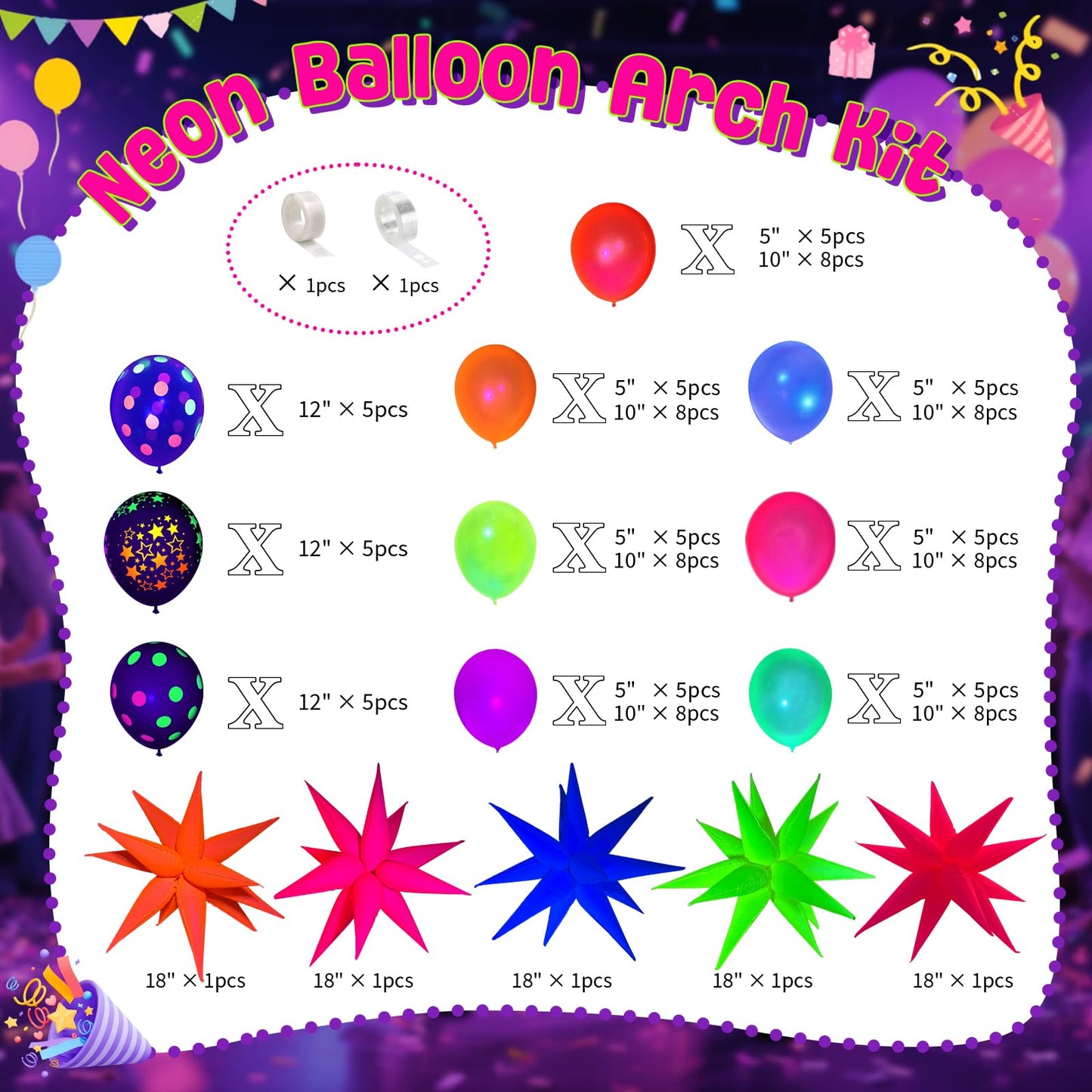 GYIPFIPA UV Neon Balloons Kit – Glow in the Dark Party Decor with 4D Explosion Star Balloons