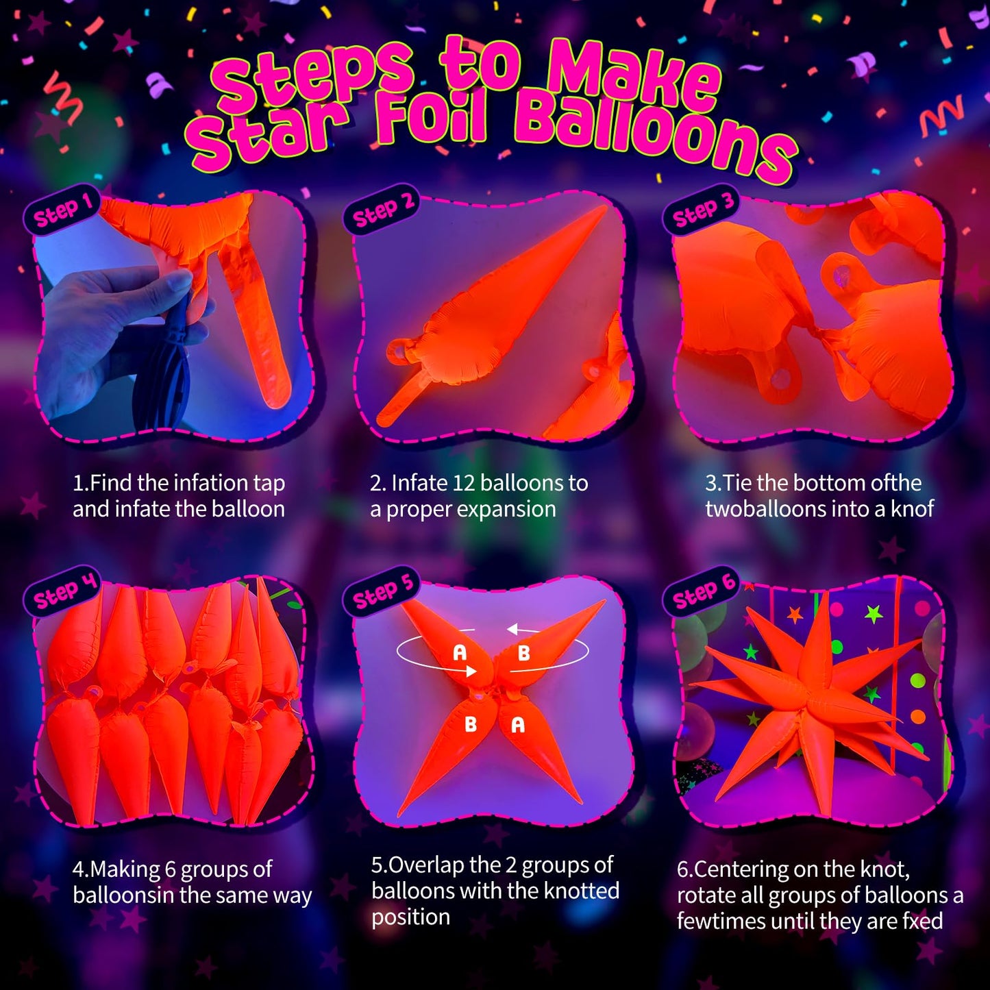 GYIPFIPA UV Neon Balloons Kit – Glow in the Dark Party Decor with 4D Explosion Star Balloons