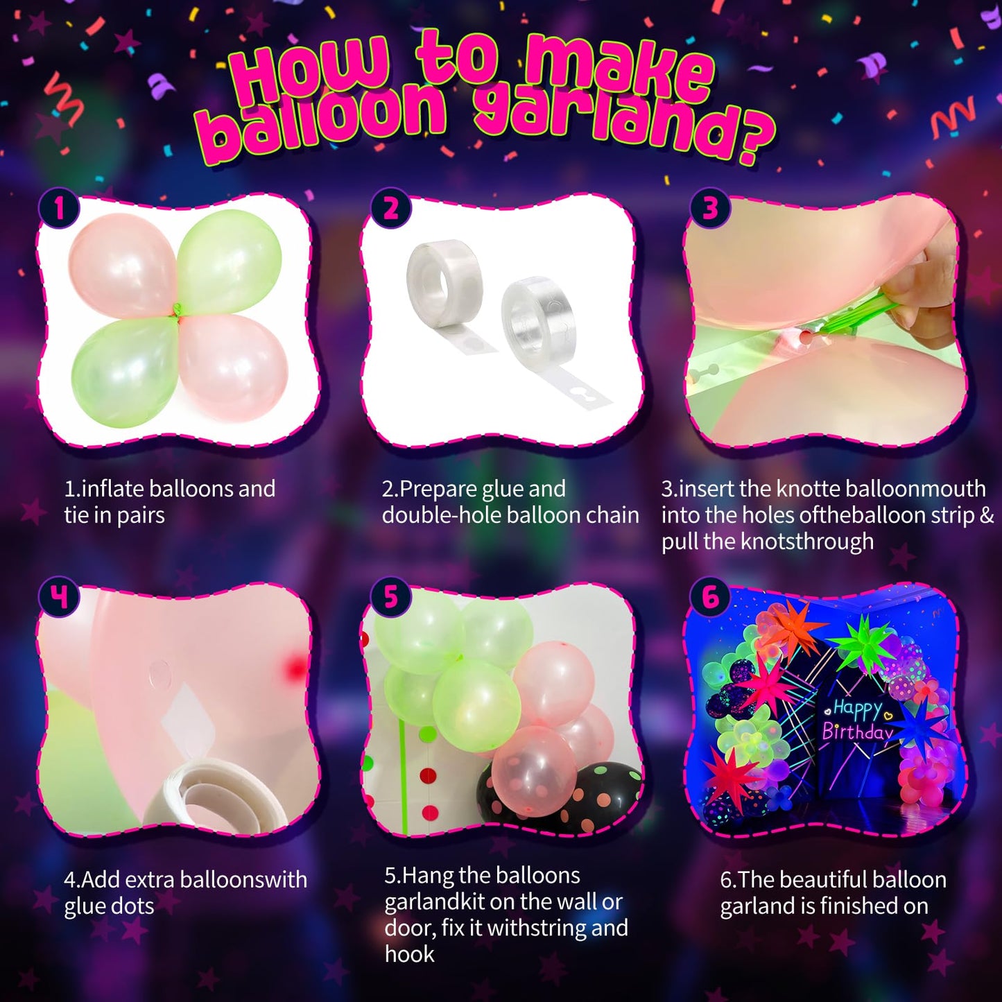 GYIPFIPA UV Neon Balloons Kit – Glow in the Dark Party Decor with 4D Explosion Star Balloons