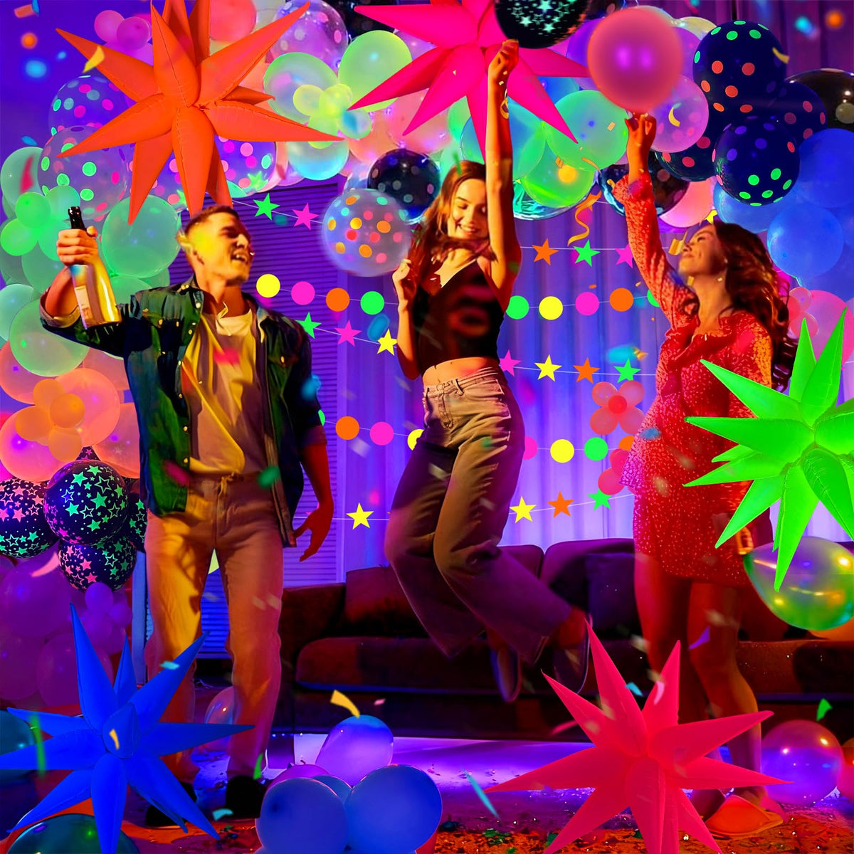 GYIPFIPA UV Neon Balloons Kit – Glow in the Dark Party Decor with 4D Explosion Star Balloons