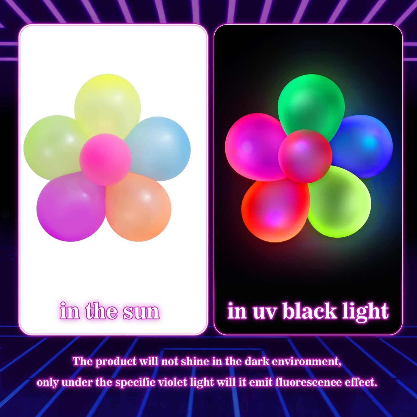 GYIPFIPA 110 Pcs UV Neon Balloons – 7 Colors, Blacklight Glow Party Decorations