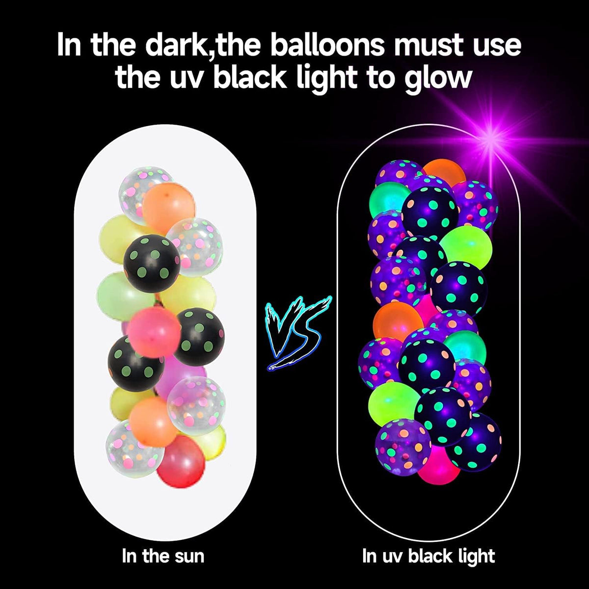 GYIPFIPA 90 Pcs UV Neon Balloons – Glow in the Dark Polka Dot Balloons for Birthday, Wedding & Parties