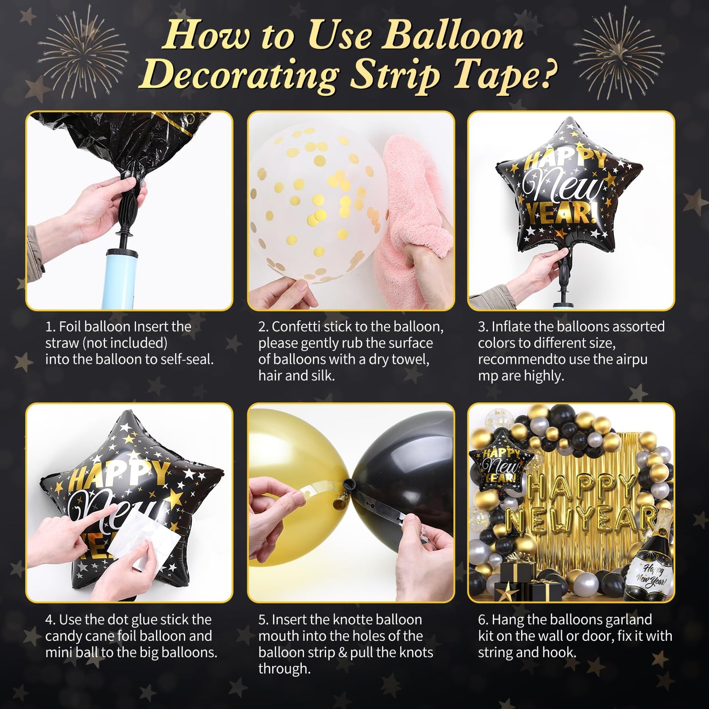 GYIPFIPA New Years Decorations 2026 – Black & Gold Balloons, Banner & Fringe Backdrop