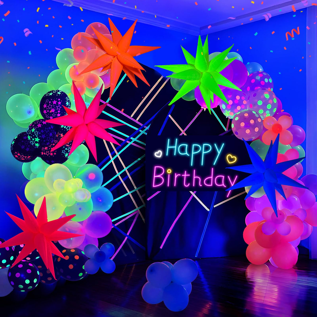GYIPFIPA UV Neon Balloons Kit – Glow in the Dark Party Decor with 4D Explosion Star Balloons