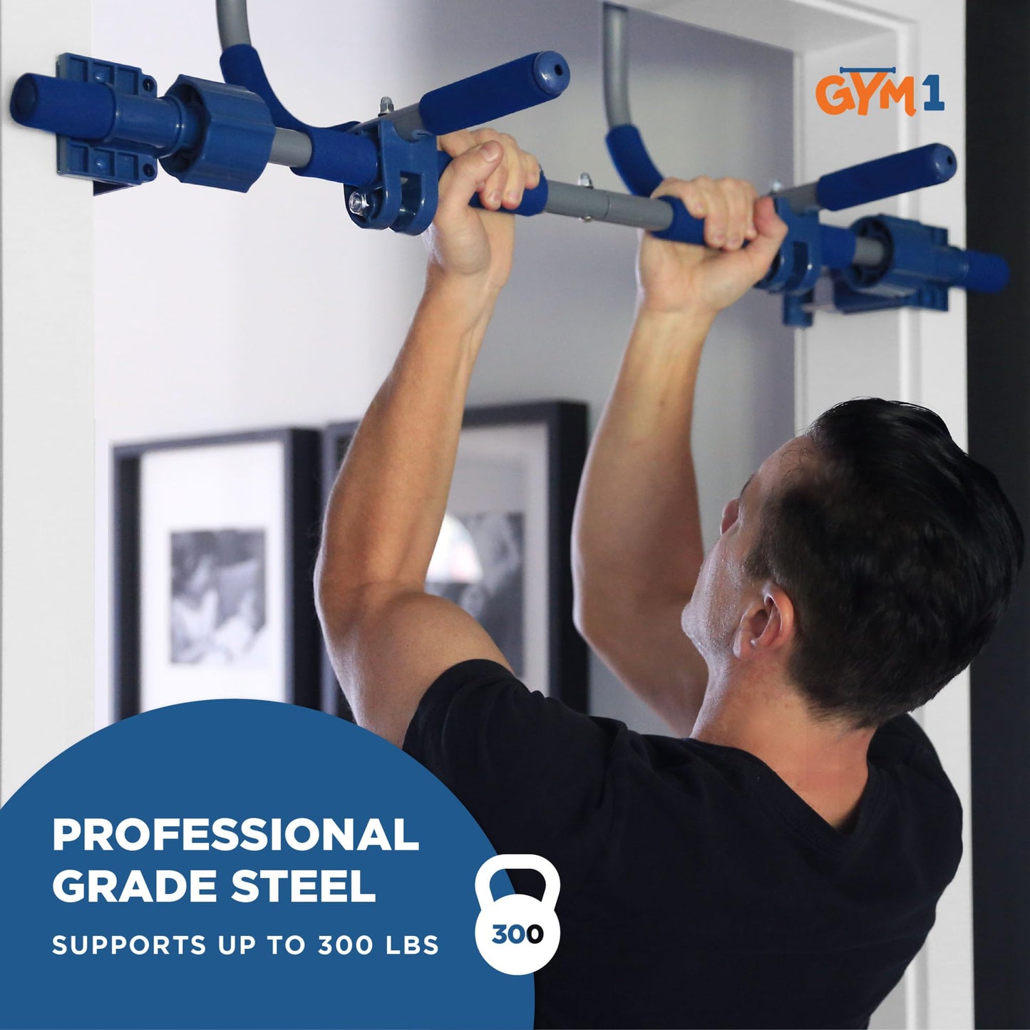 Gym1 Indoor Doorway Gym Set with Sensory Swing & Grip Rings | Adjustable Door Frame Pull-Up Bar (4-Piece, Blue)