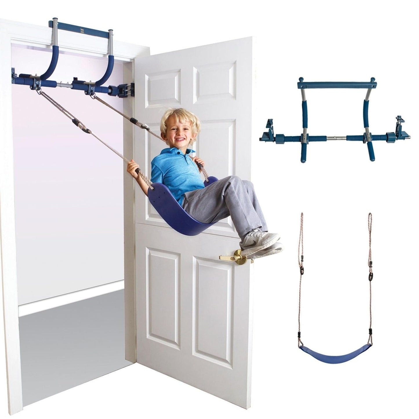 Gym1 Doorway Swing & Pull-Up Bar Gym — Indoor Kids Fitness Playset (2-Piece, Blue)