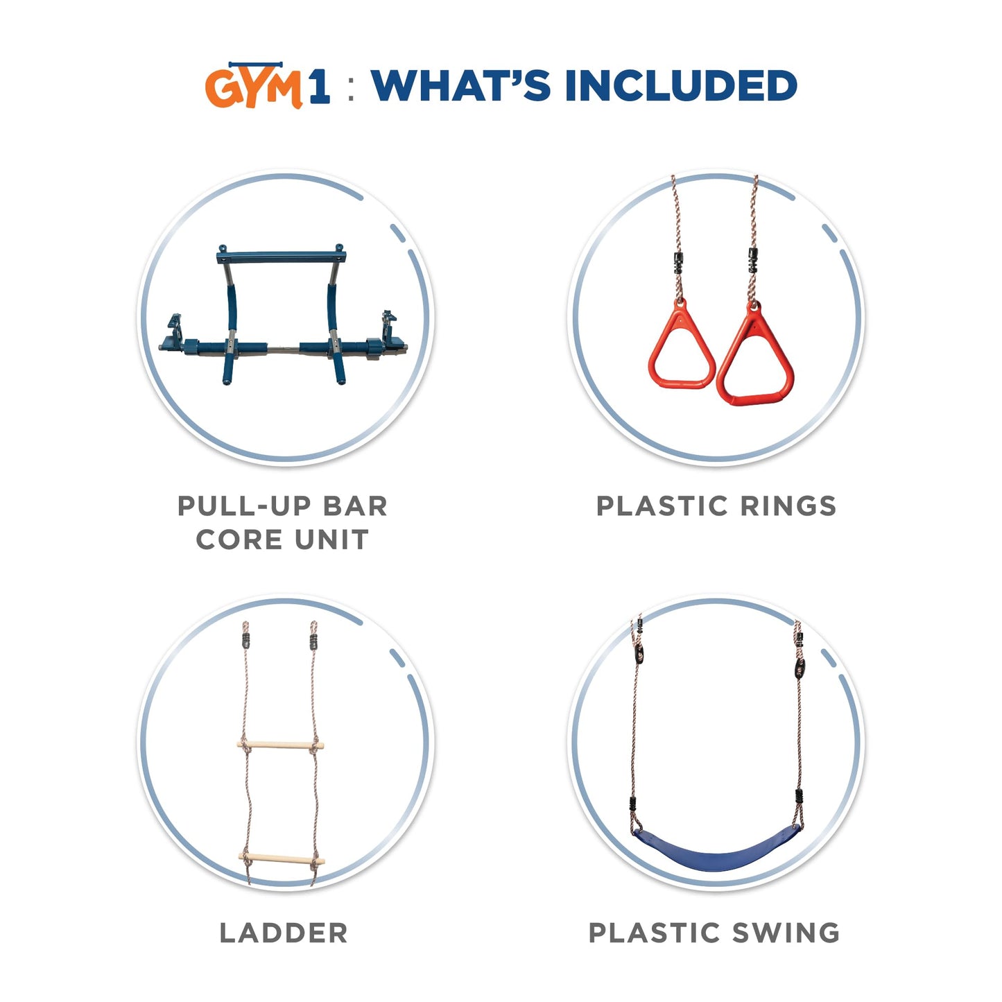 Gym1 Indoor Doorway Gym Set with Sensory Swing & Grip Rings | Adjustable Door Frame Pull-Up Bar (4-Piece, Blue)